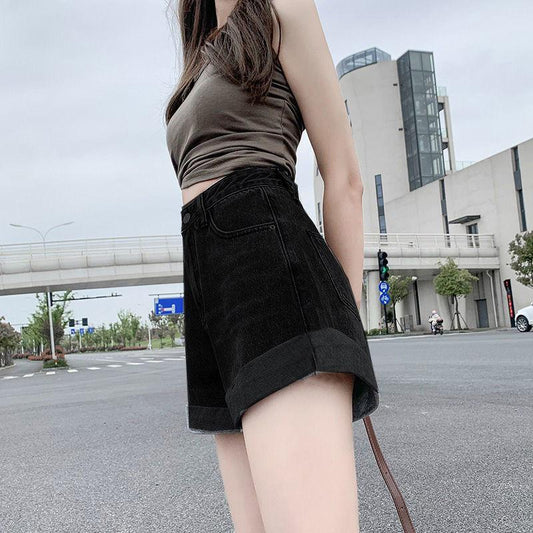 Women Denim Shorts Solid Color Female Short Jeans Wide Leg Elastic Waist Vintage High Waist Shorts Women Summer