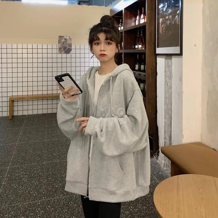 Blue Sweater Women's Korean Style Loose and Lazy Style Thin Hooded Cardigan Girl's Preppy Jacket Long Sleeve Sweatshir