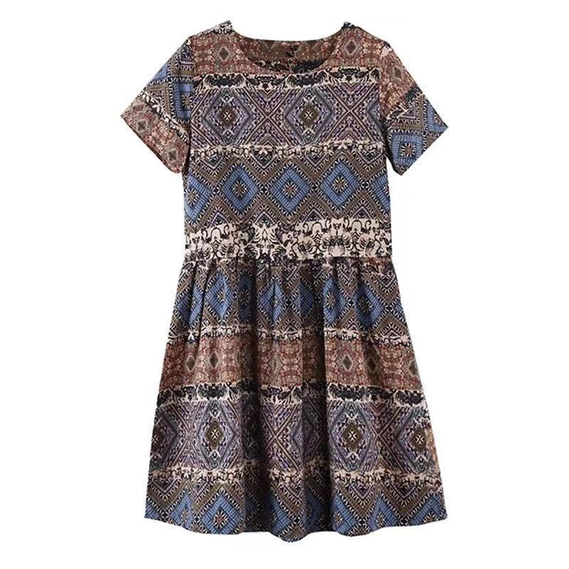 Summer Short-sleeved Dress Women's Retro Flower Printing Loose Plus Size Mid-length Base A-line Dress Round Neck Stitching Mid-length Skirt