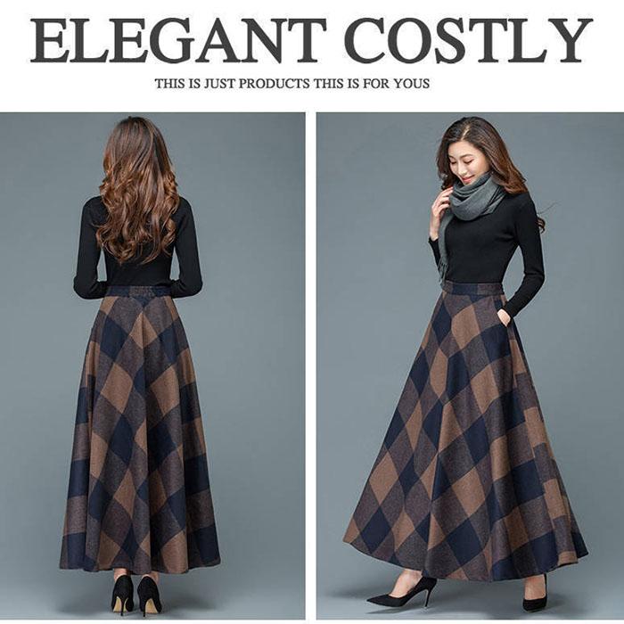 Winter Plus Size Woolen Skirt Female Printed Plaid A-line Skirt Long Maxi Skirt