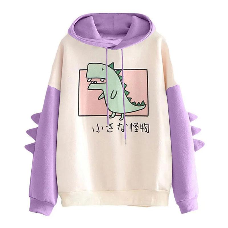 Dinosaur Oversized Cartoon Hoodie Women Sweatshirt Casual Print Korean Style Thicken Sweatshirt Winter Dino Hoodie Tops Cute Warm Sweater