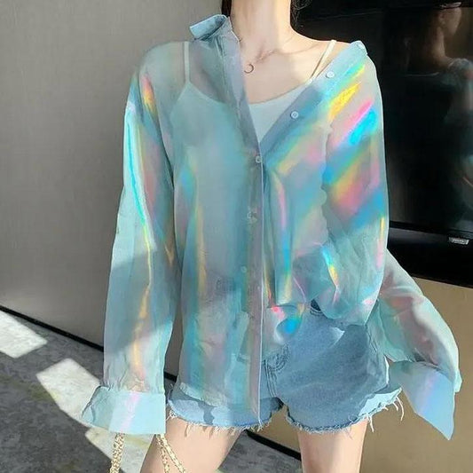 Women Summer Shirt Vintage Long Sleeve Cardigan Sunscreen Slim Multicolor Flashing Thin Versatile Mid-length Sunscreen Shirt