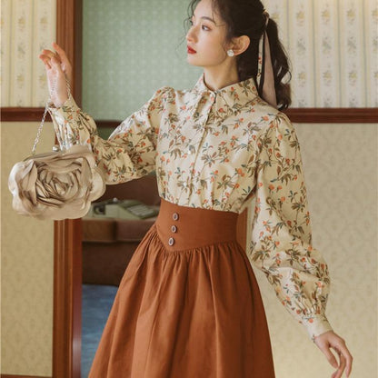 Vintage Set Long Sleeve Lapel Chiffon Printed Shirt Top Blouse + High Waist Skirt Outfits 2 Piece Set Lady Elegant Chic Skirt Suits