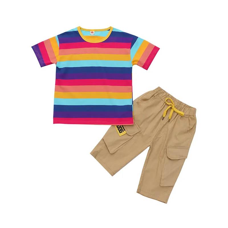 Boys Striped Color Contrast Design Short-sleeved Comfortable Breathable Five-point Pants Suit Summer Cotton Sweat-absorbing Soft Two-piece Suit