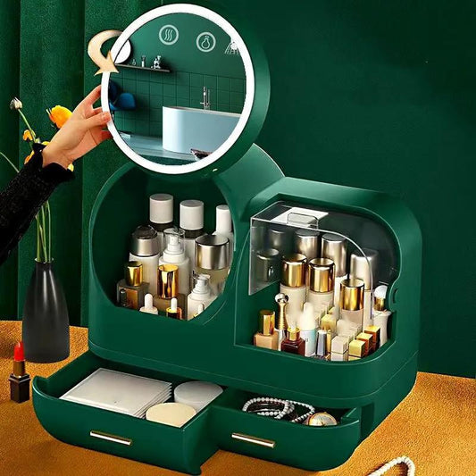 Egg Shape LED Light Desktop Organizer HD Mirror Makeup Organizer Creative Cosmetic Storage Box Protable Beauty Box