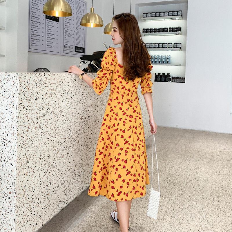 2020 Strawberry Print Cute Long Dress Spring Summer Women Streetwear Slim Split Dress Chiffon Dress