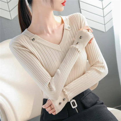 Women  Sweater Solid Slim V-Neck Warm Knitwear Winter Long Sleeve Turtleneck Top