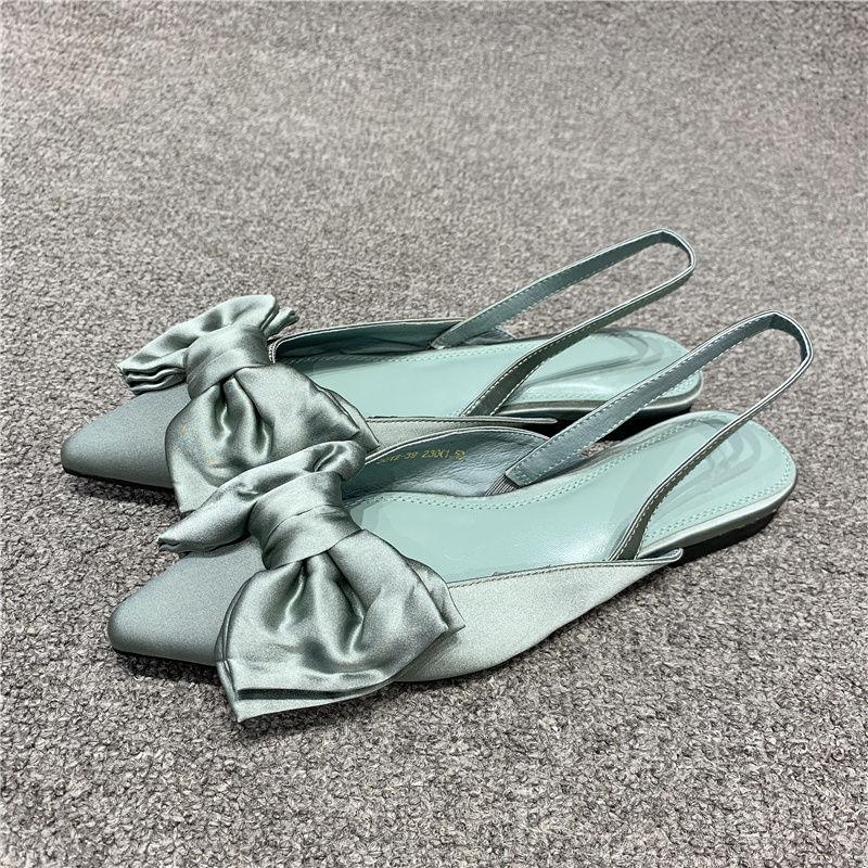 European Women's Shoes Summer Pointed Shallow Mouth Bow Single Shoe Cover Foot Flat Retro Sandals