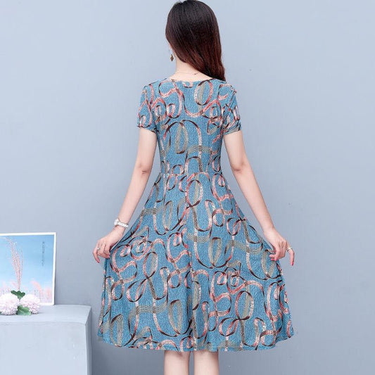 Women's Dress Plus Size Long Skirt Over-the-knee Skirt V-neck Floral Dress A-line Version Short-sleeved Waist and Slim Dress