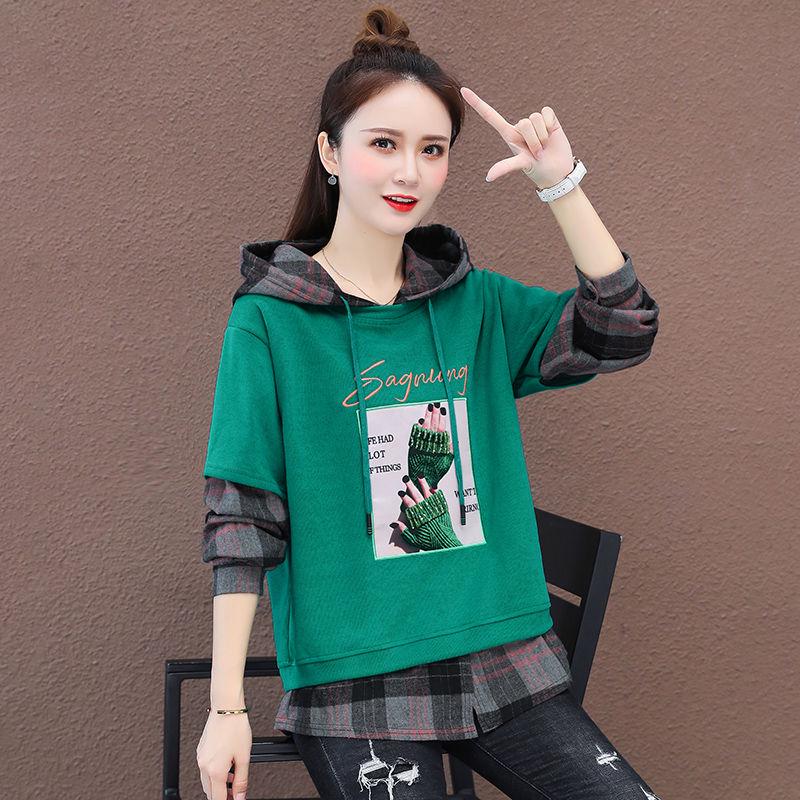 Fake Two Piece Stitching Hooded Sweater Spring and Autumn Loose Long-sleeved Casual Blouse Women