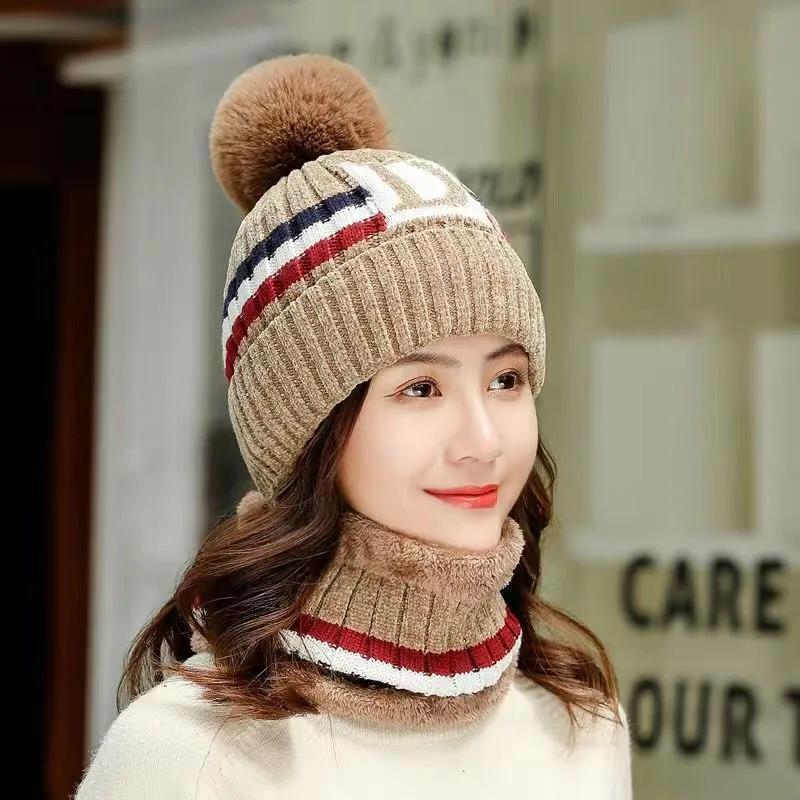 Winter Hat Bib Suit Plus Velvet Thick Warm Knitted Wool Hat Outdoor Windproof Mask Bib One for Women