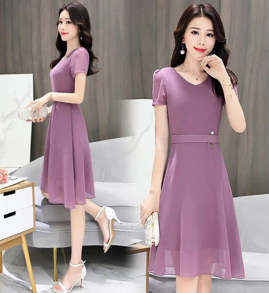 Women's Summer Dress Slim Solid Color V-neck Chiffon Long Skirt