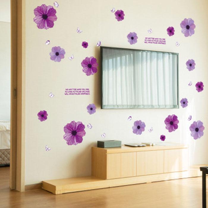 Purple flowers romantic bedroom living room entrance cabinet TV background decoration wall stickers