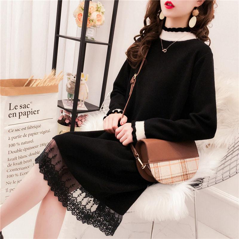 Autumn and Winter Knitted Lace Stitching Sweater Skirt Fashion All-match Hedging Bottoming Shirt Mid-length Female Sweater Dress