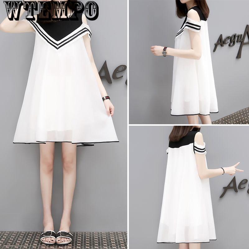 Summer new Korean version of the fake two large size women's short-sleeved long chiffon dress