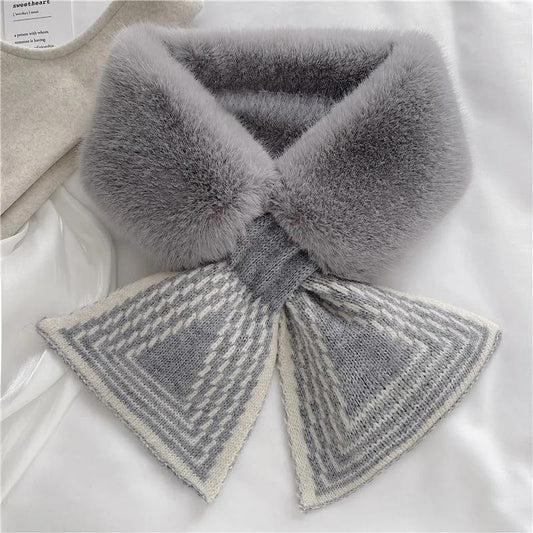 Women's Autumn Winter Cross Scarf All-match Bowknot Knitted Plush Faux Rex Rabbit Fur Collar Striped Thickened Warmth Neck Protection Neckerchief