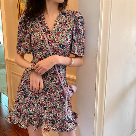 Women's Summer Short French Elegant Retro Waist Slim V-neck Little Fresh Floral Dress