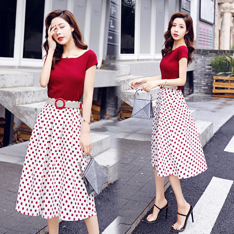 Pofulove Women Summer T Shirt Set Off Shoulder T-shirt High Waist Polka Dot Skirt 2piece Sets