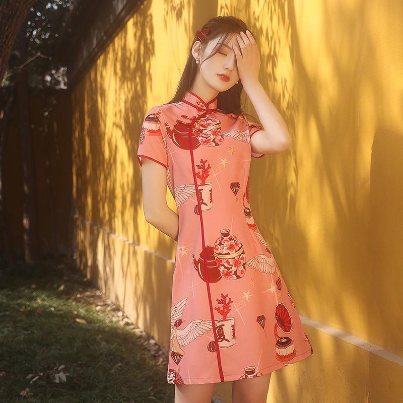 Improved Cheongsam Female Summer Young Girl Can Wear Big Flower Dress National Short