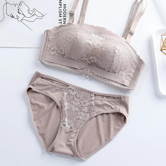 Ladies Strapless Bra Set Women's Non-slip Gather-up Sexy Lace Hollow Out Underwear Female Invisible Chest Patch Thickening No Steel Ring Tube Top Set