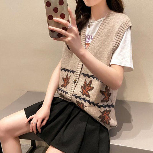 Spring and Autumn Fashion Knitted Vest Cardigan Loose and Versatile Tops Fashion Jacquard Women Sweater