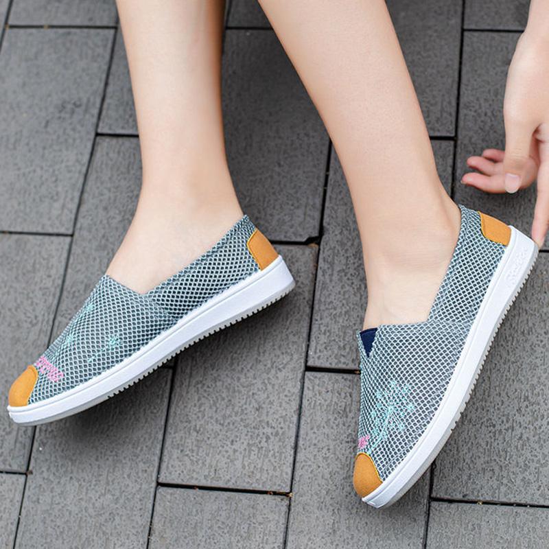 Breathable Net Shoes Women's Low-top Breathable Women's Single Shoes Flat Bottom One-step Embroidered Shoes Ladies Soft Bottom Wear-resistant Leisure