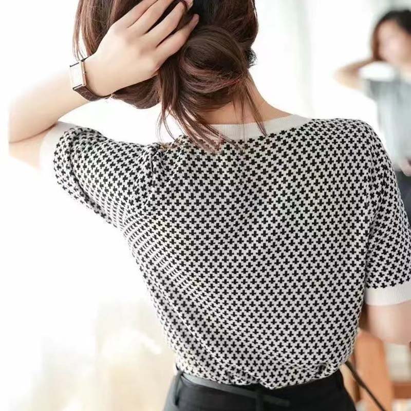 Silk Ice Silk Short-sleeved Women's Top High-end Western-style Printed Shirt Summer Ribbed Temperament All-match Trend