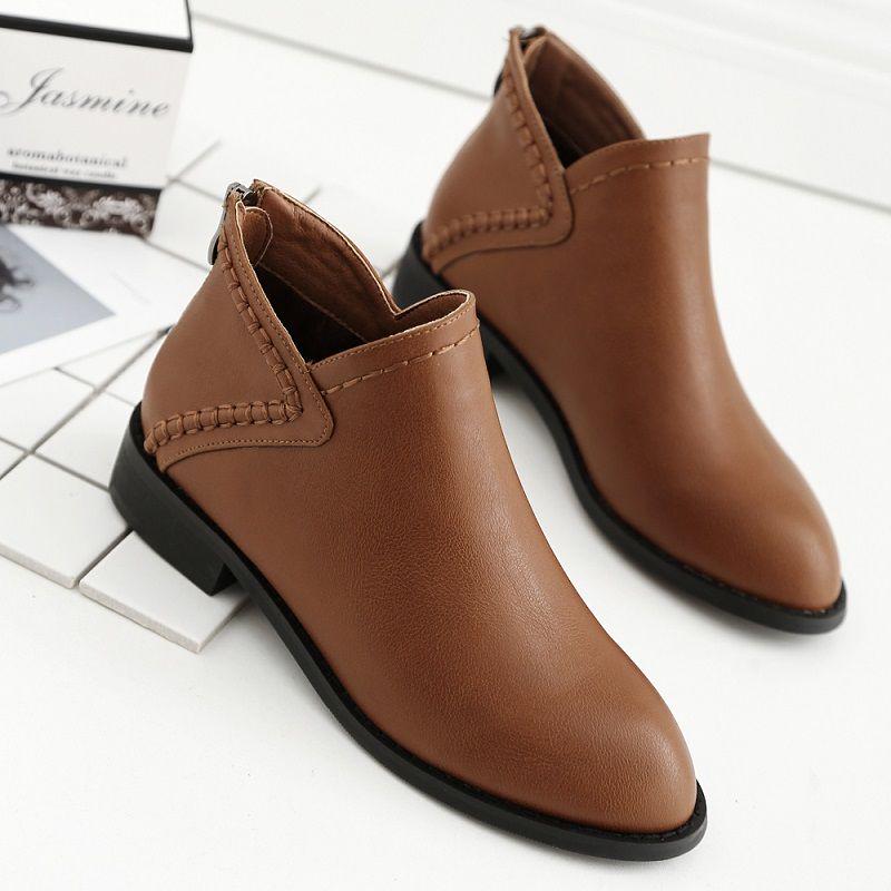 Women Autumn Winter Ankle Boots Slip-on Round Toe Square Heel Solid Casual Black/Camel Booties