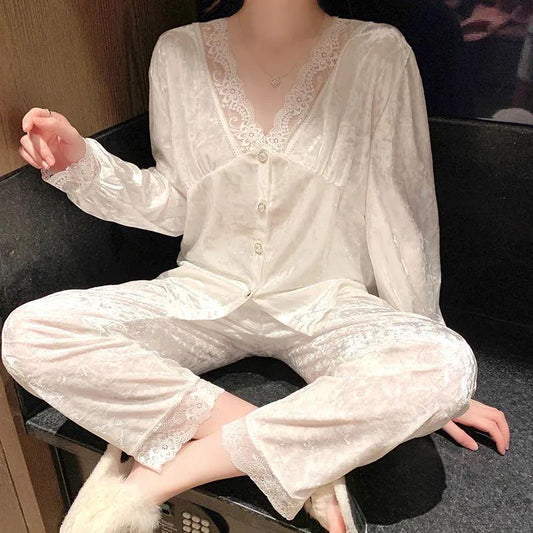 Women's Autumn Winter Pajamas Set Sexy Lace V-neck Velvet Homewear Loose Casual Comfortable White Pink Pyjamas Two-piece Set Oversize Loungewear