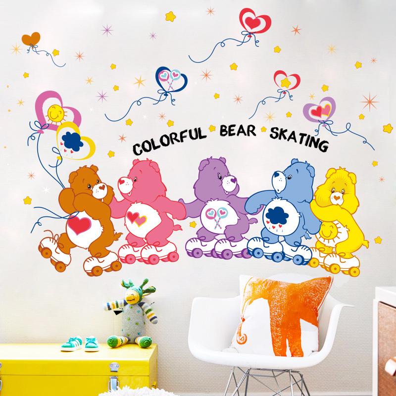 Colorful skating bear cartoon wall stickers background decorative stickers bear family wallpaper