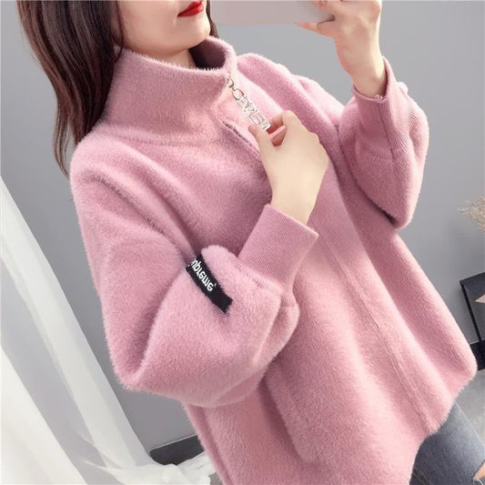 Autumn and Winter Mohair Loose Coat Short Knit Cardigan Tops Solid Color High Neck Women's Coat