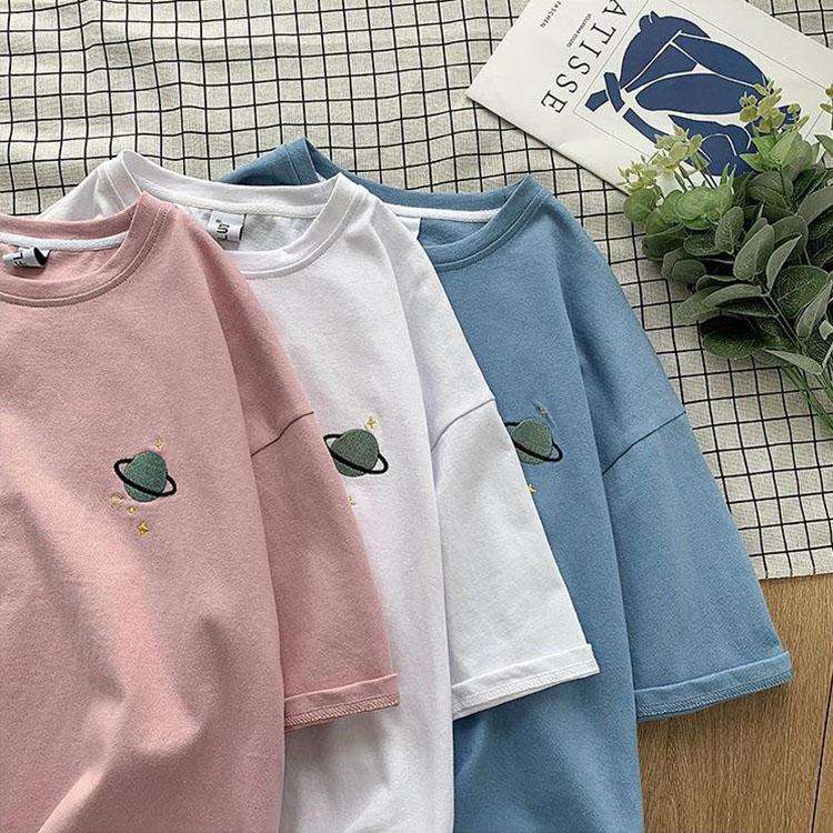 Women's Summer Cotton Tees Loose Breathable Embroidery Simple Short Sleeve Harajuku Cartoons T Shirt Tops