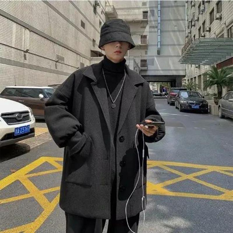 Men's Casual Windbreaker Medium and Short Woolen Thick Coat Tooling British Style Warm Long-sleeved Button Coat