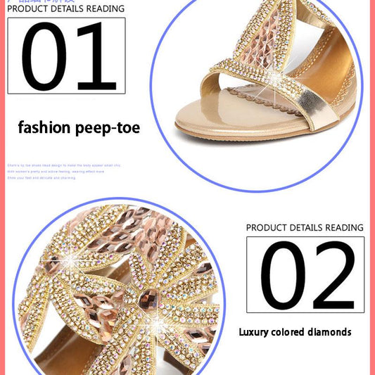 Women's high heel sandals rhinestone summer European and American fashion block  high heel sandals women diamond sexy ladies sandals