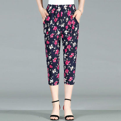 Cropped Pants Summer Thin Section Middle-aged and Elderly Women's Pants Large Size High Waist Casual Pants Straight Flower Pants