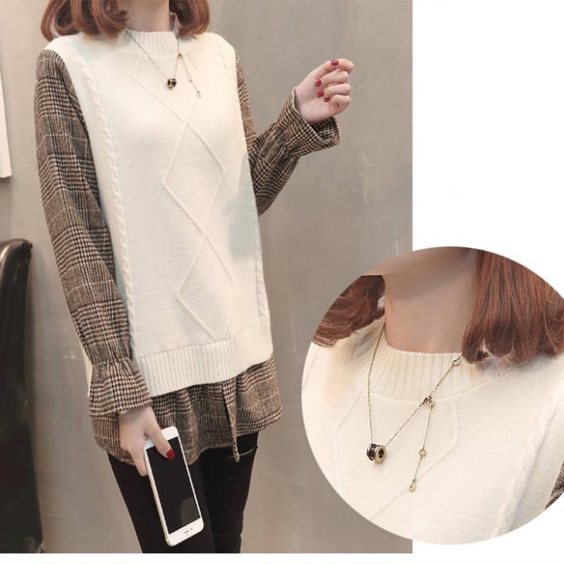 Pofulove Fake Two Sweater Blouse Winter Stitching Loose Lattice Flared Sleeve Pullover Sweater