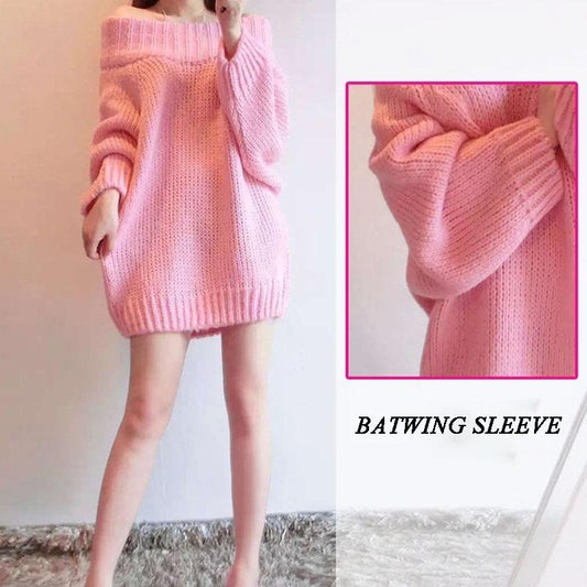 Autumn Winter Sexy Off-shoulder Sweater Women Loose Strapless Plus Size Mid-length Batwing Sleeve Knitted Sweater Dress