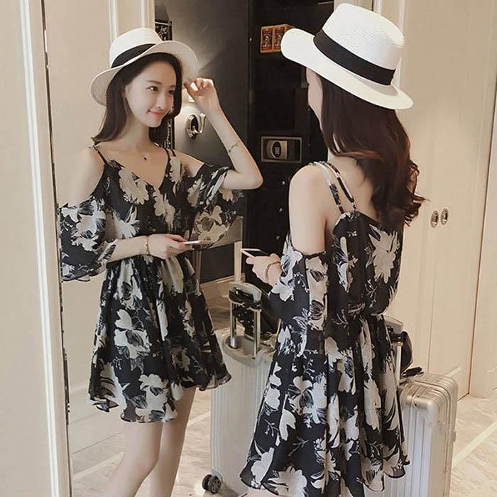 Pofulove Women Chiffon Floral Dress Slim V-neck A-line Sun-dresses Mid-length Vacation Beach Skirt