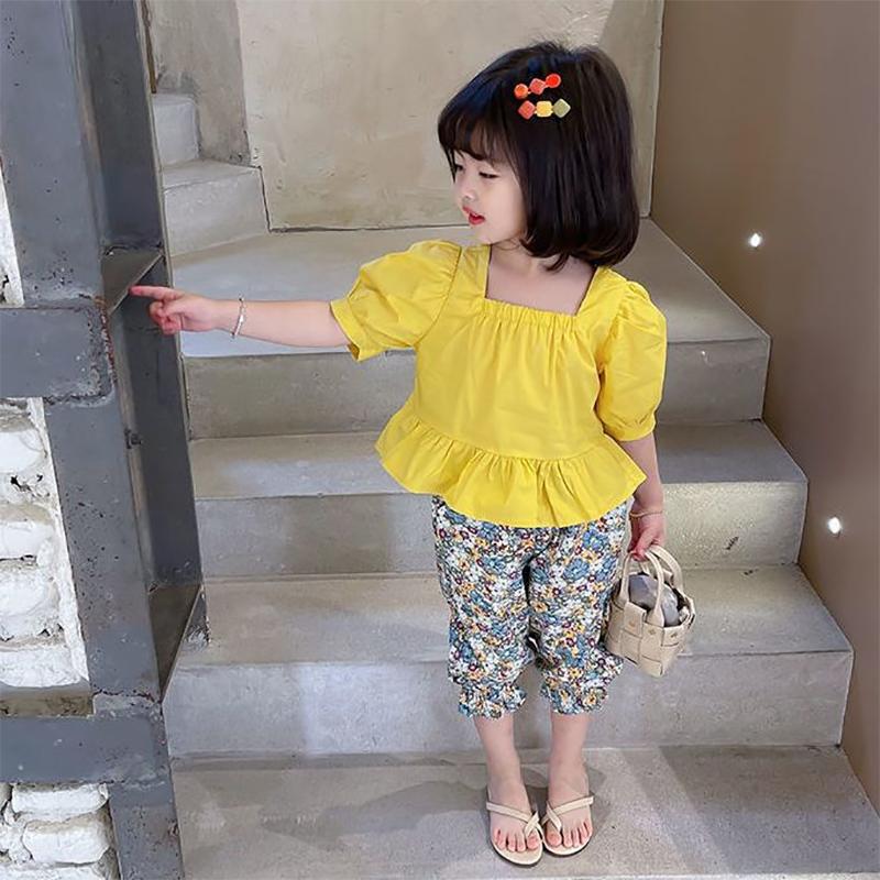 Kids' Suit Summer Thin Girls' Korean Version Floral Print T Shirt Mosquito Proof Pants Childer Two Piece Set