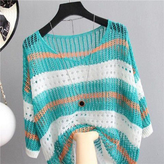 Multicolored Cutout Striped Knit Sweater Women's Loose Retro Style Pullover Thin Blouse Sunscreen Lightweight and Breathable Fabric