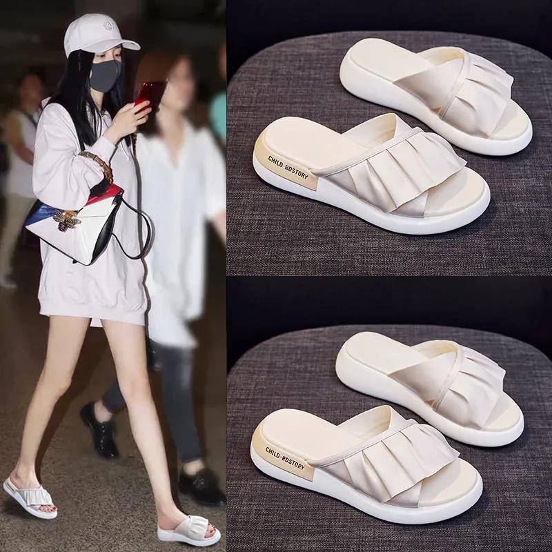 Summer Fashion Korean Version of All-match Flat Sandals Non-slip Soft Bottom Ruffled Outer Wear Simple High-top Slippers