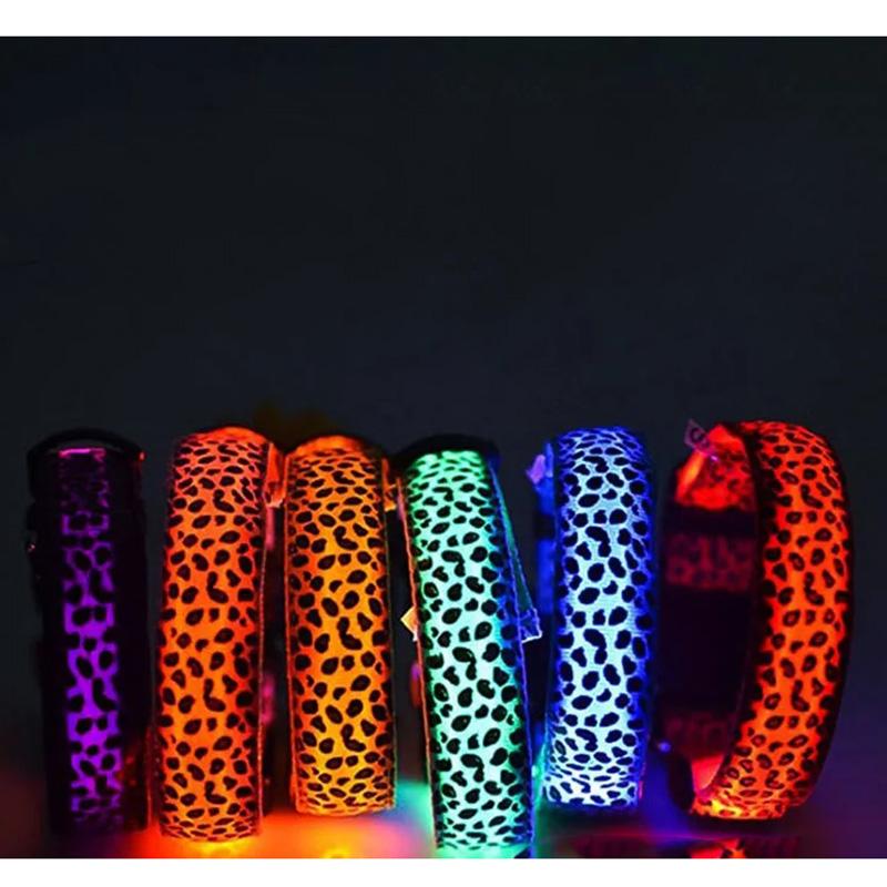 Leopard LED Dog Collar Luminous Adjustable Glowing Collar For Dogs Pet Night Safety Nylon Collar Luminous LED Bright Dog Collar