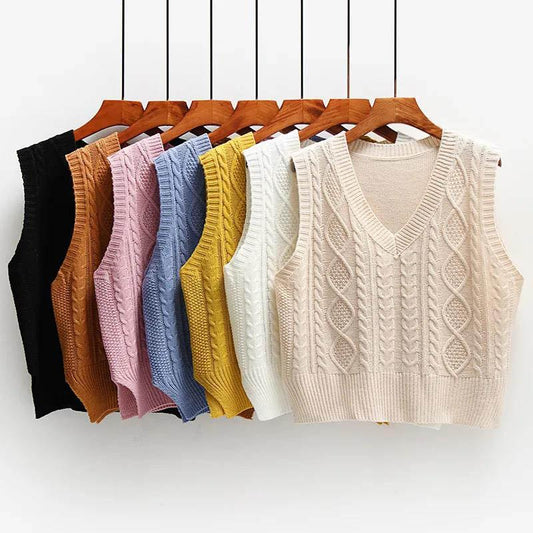 Women Tank Top Knitted Vest Sweater Pullover Autumn Winter Female Loose V-neck Knitted Women Sleeveless Sweater Casual Warm Vest