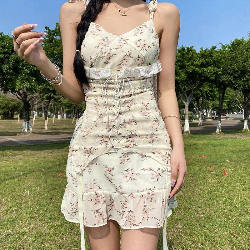 Women Summer Halter Dress Vintage High Waist Backless Holiday Short Dress Elegant Slim Floral Print Sleeveless Casual Dress