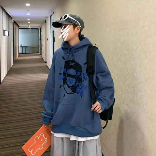 Korean Plus Size Spring Hooded Sweater Men's Top Clothes All-match Jacket Can Be Worn Both Inside and Outside Loose Pullover Fashion Print Hoodie