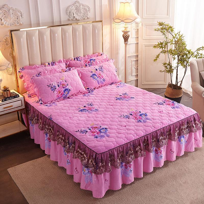 Thickened Plus Velvet Quilted Bed Skirt with Lace Edge Bedspread Non-fleece Winter Warm Crystal Velvet Four-piece Suit