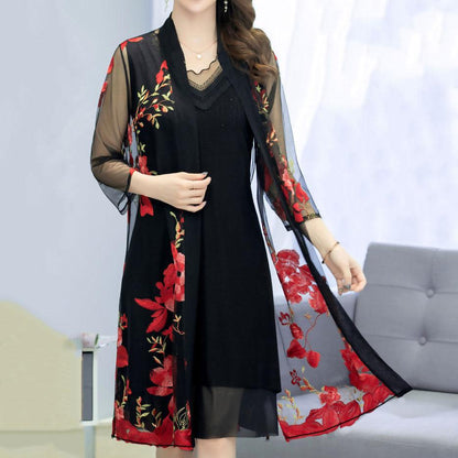 Women's Lace Mesh Stitching Sunscreen Clothes Mid-length Tops Large Size Solid Color Cardigan Shawl Summer Thin Coat