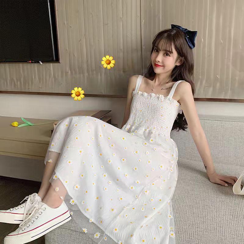 Daisy Mesh Yarn Spaghetti Strap Dress Women Summer French Style Pleated Slim Wasit Retro Sweet Dresses