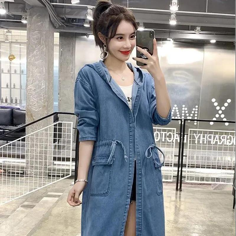 Long Denim Jacket Women's Wild Loose BF Casual All-match Windbreaker Women's Waist Hooded Denim Windbreaker Warm Jacket