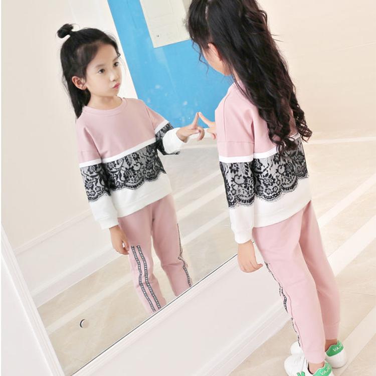 Children's Spring and Autumn 2-piece Sports Suit Korean Lace Stitching Top + Striped Letter Printed Trousers Set